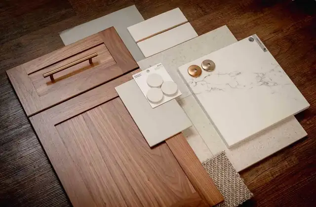 Cabinet door, quartz and tile samples gathered for a Forward design presentation